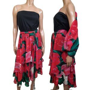 Vintage 80 Sundress Jacket Set size M Large Floral Print Tiered Strapless Midi